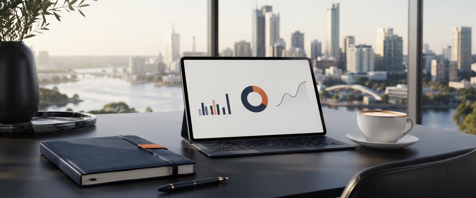 A tablet showing business performance charts on a desk overlooking the Perth skyline
